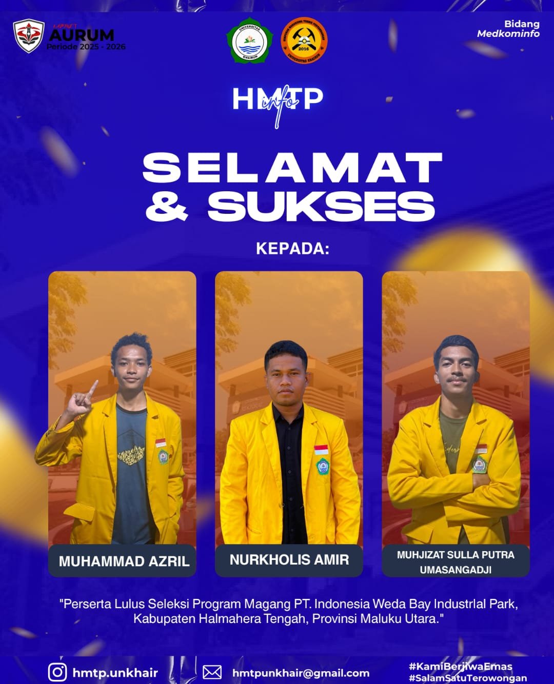 Tiga Mahasiswa Prodi Teknik Pertambangan Diterima Magang di PT. IWIP